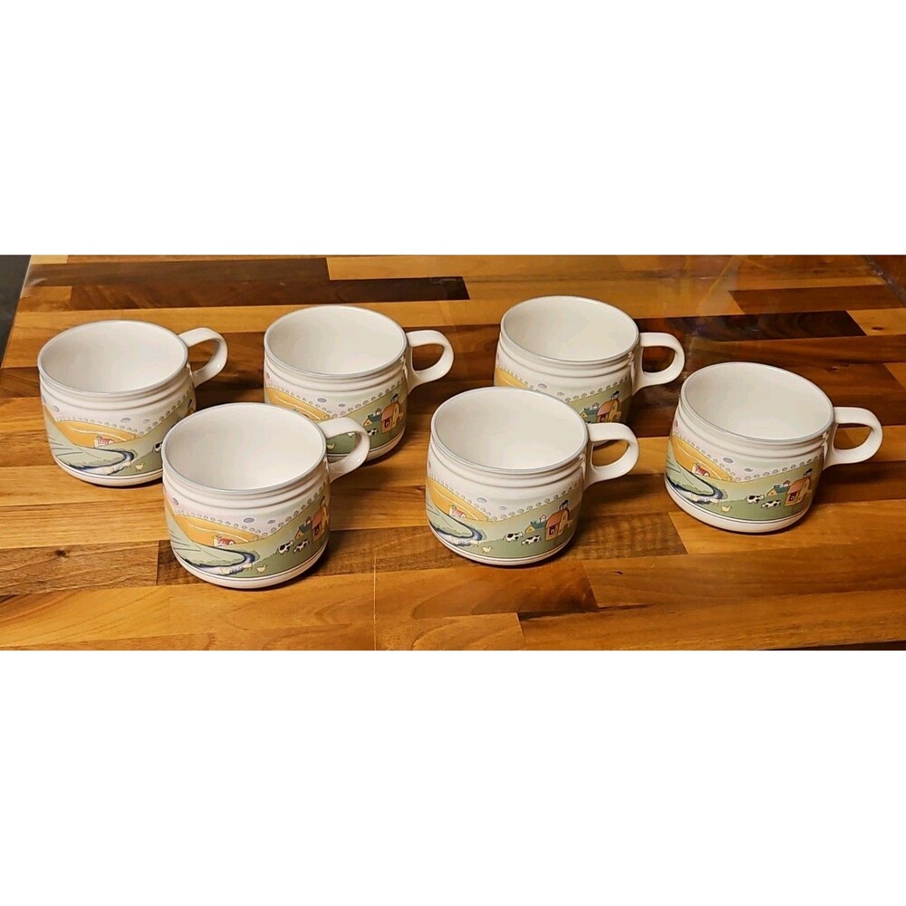 Set Of 6 Vintage 1998 Studio Nova Stoneware Mugs Homecoming 8 oz Y2317 EUC